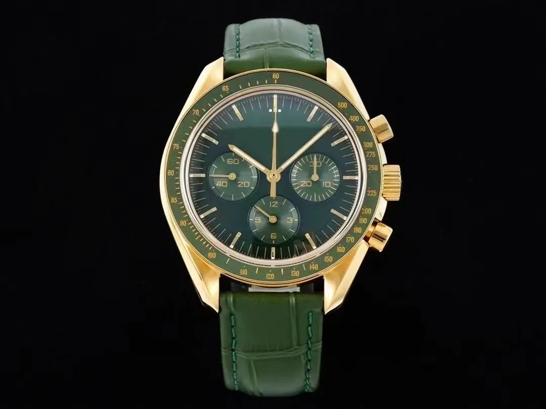 Montre mécanique Omega jaune 42 mm pour homme, cadran doré, cadran vert foncé, mouvement de super qualité, résistant à l'eau profonde, montre lune