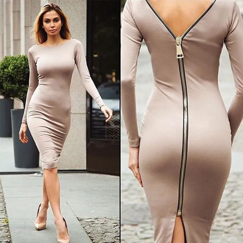 Womens backless zip up split midi bodycon jurk ronde hals lange mouw effen potlood jurken sexy club feestjurk