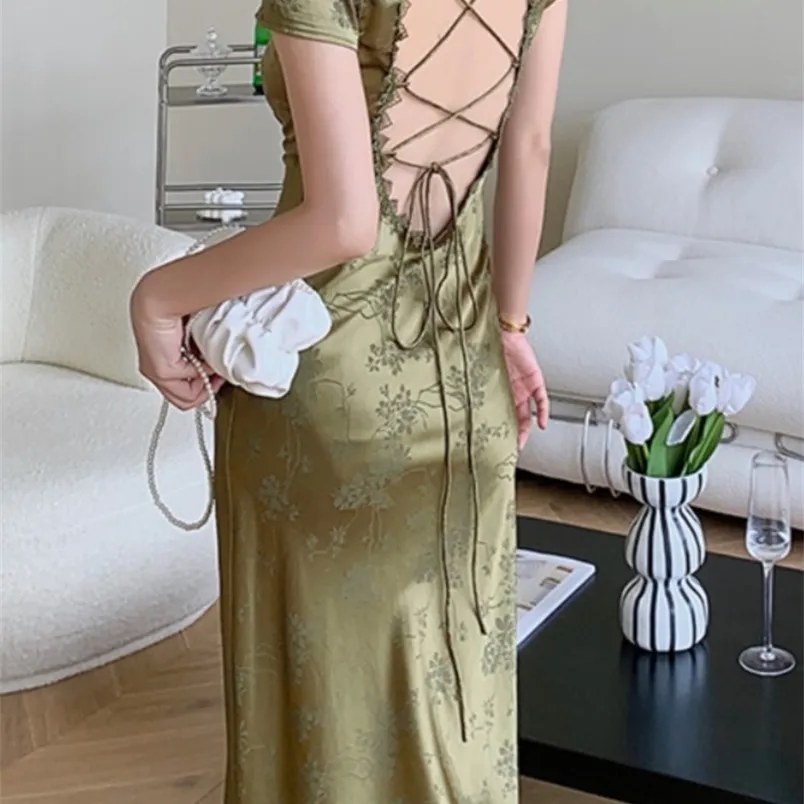 Summer eleganckie kobiety satynowe backless sukienka midi z krótkim rękawem seksowna bandaż vintage bodycon vestidos żeńska moda szata 220514