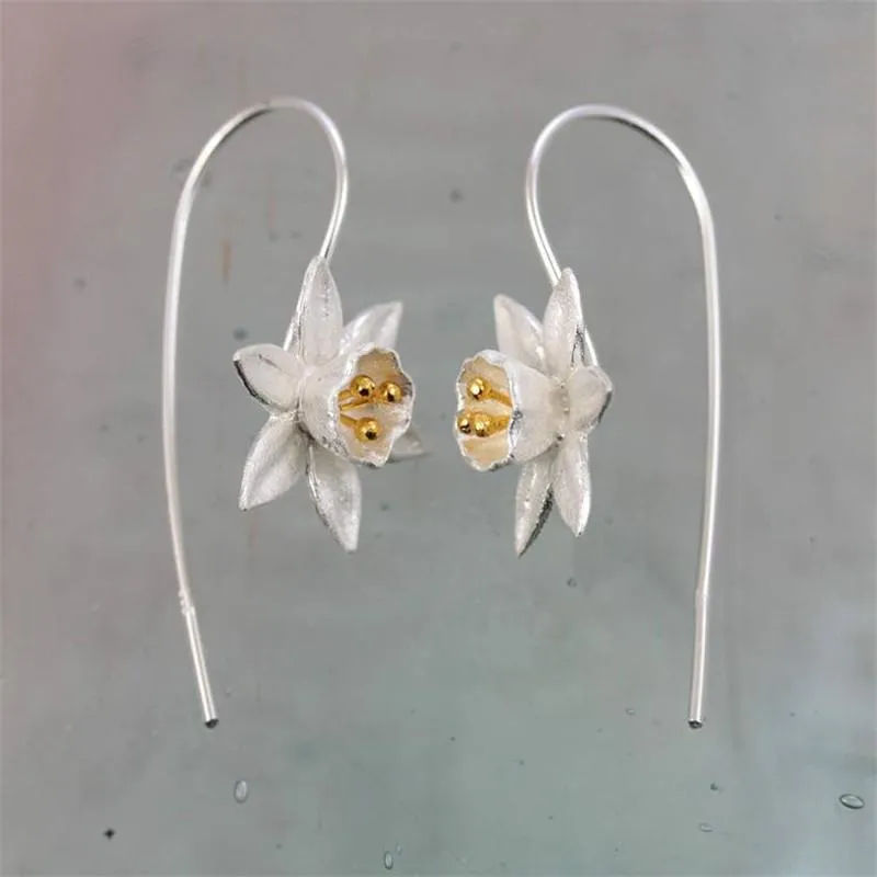 Ciondola Lampadario Stile etnico vintage Narciso Orecchino a goccia Orecchini a forma di fiore color argento per le donne Fidanzamento Matrimonio Gioielli di modaDang