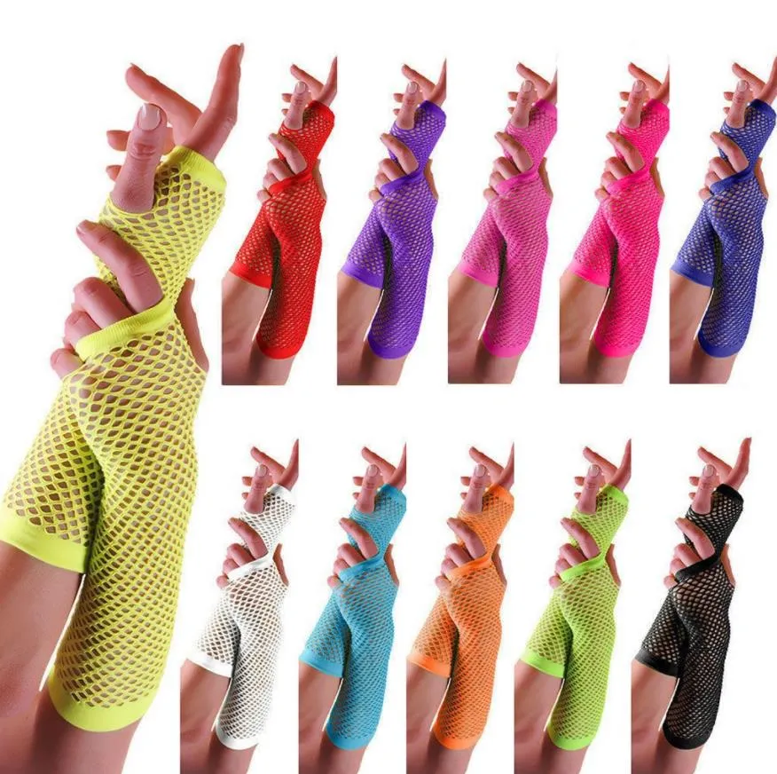 80s Fishnet Gloves Neon Women Girls Party Costume Accessories