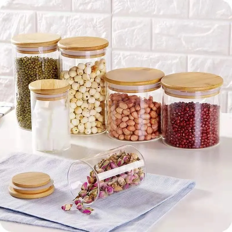 Boîtes empilables de cuisine Conteneurs de bocaux de stockage de nourriture en verre transparent avec couvercle en bambou hermétique pour bonbons