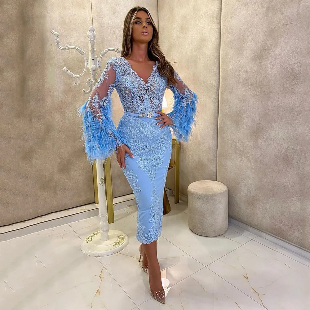 Mother of the Bride Dresses Sky Blue Lace Evening Deep V Neck Long Sleeves See-through Mermaid Party With Feathers Tea Length Prom Dress