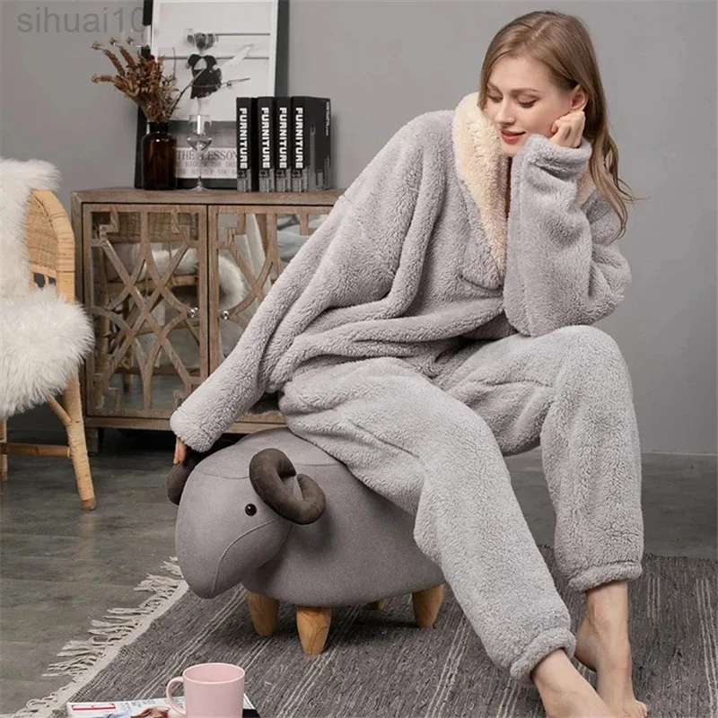 Fleece Pyjama Set Women Solid Long Sleeves Winter Terry Fabric Ladies Pijama Suit 2 Pieces With Long Pants Thick Warm Home Clothes Female L220803