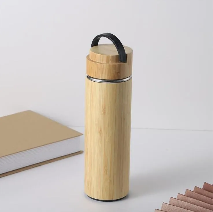 Creative bamboo water bottle vacuum insulated stainless steel cup with lid Tea strainer wooden Straight cup