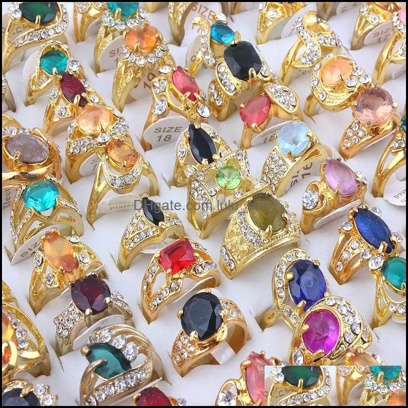 30pcs multicolor resin stone vintage rings band for women men fashion jewelry gold full rhinestone crystal ring