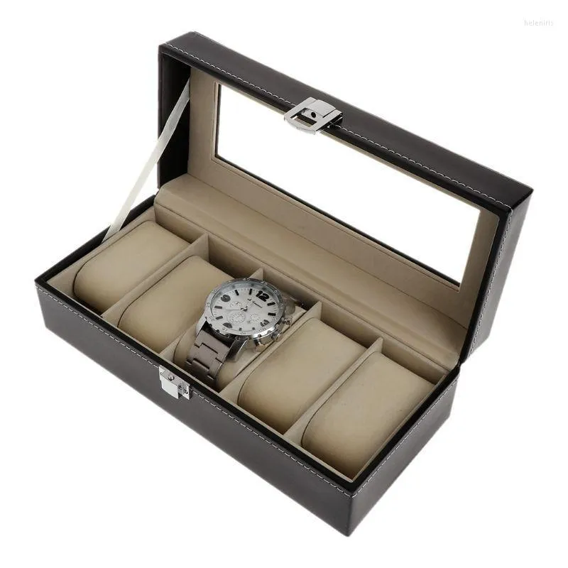 Titta på rutor Fall Box Storage Case Presentpaket Smycken Display 5 Nurräten Luxury Faux Leather Soft Professional High End Transparentwatch He