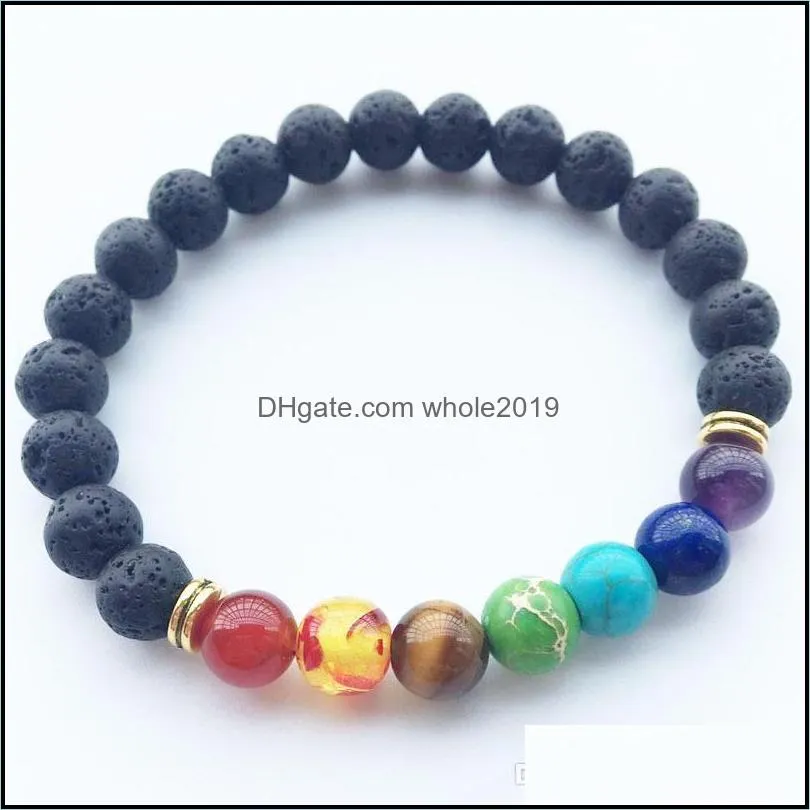 hot natural black lava stone bracelets energy 7 reiki chakra healing balance 8mm colorful beads bracelet for men women stretch yoga