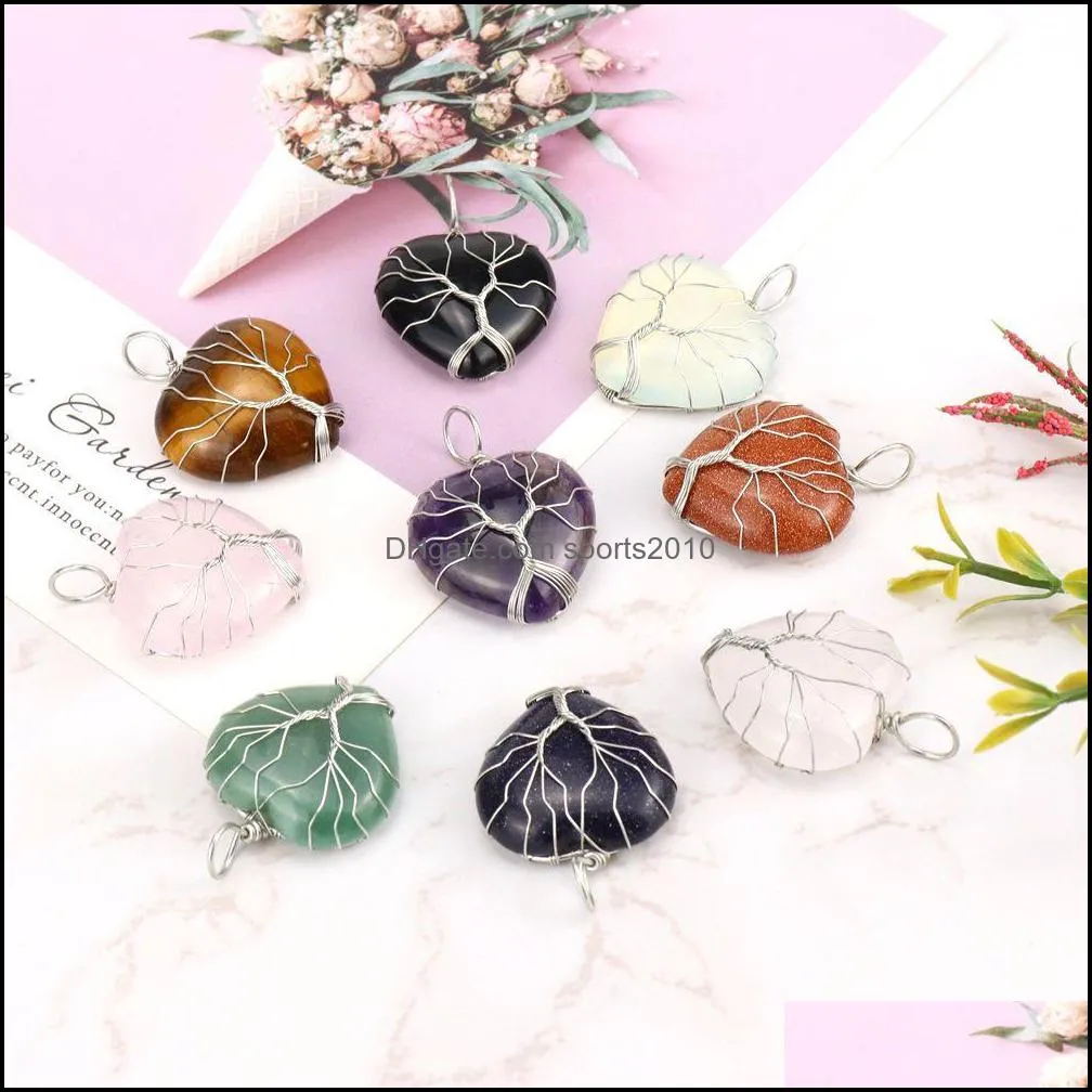 healing crystal natural stone heart charms necklaces twine tree of life wire wrap pendant turquoise amethyst tiger eye rose sports2010
