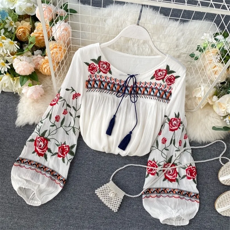 Spring Indie Folk Women Blouse Fashion Embroidery Flowers Lace-up Shirt Ladies Casual Loose Pullover Leisure Shirt Fashion 210308