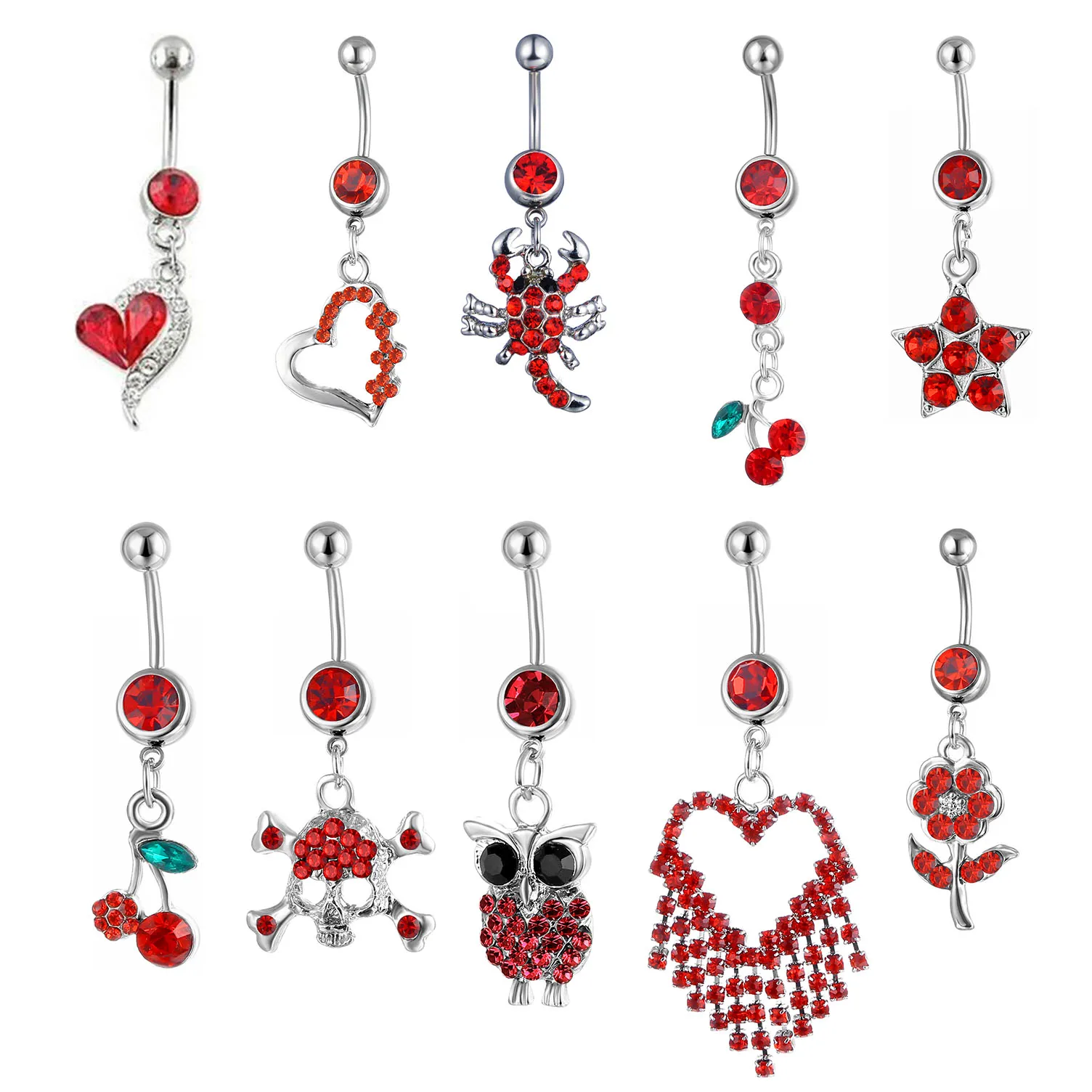 YYJFF RD10-001 Belly Navel Button Ring Mix 10 Styles Aqua.Colors 10 PCS Heart Skull Cherry Owl Flower