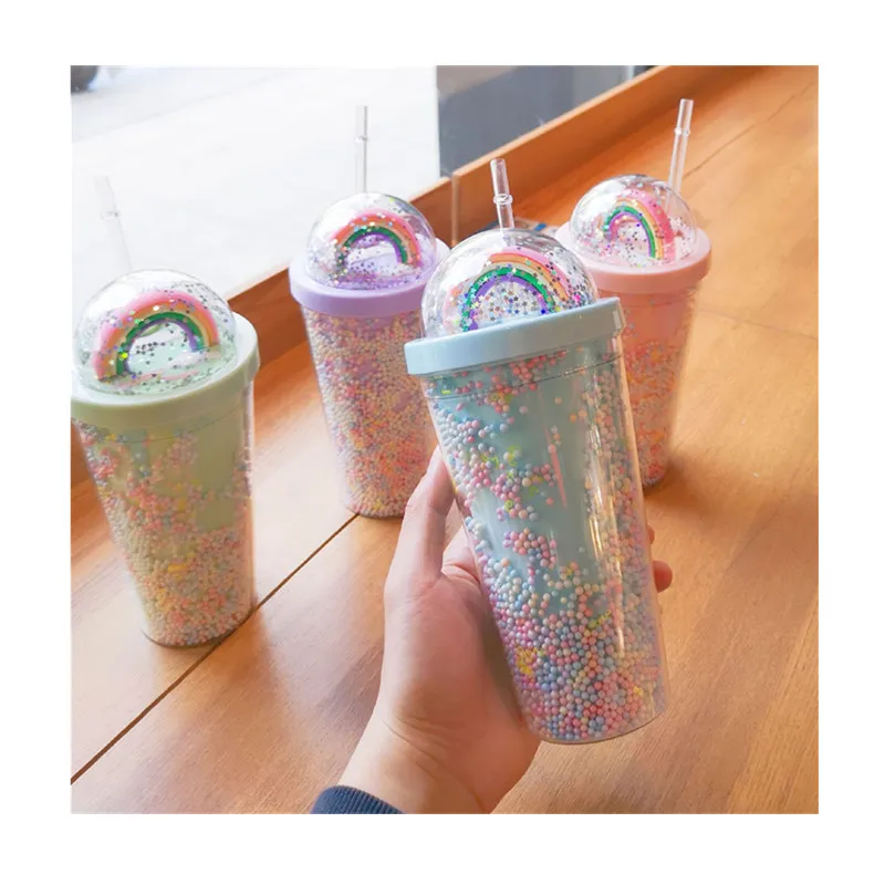 550ml New Creative Rainbow Plastic Drinkware Cup Fashion Large Capacity Mori Double Layer Color Pearl Water Cup W2