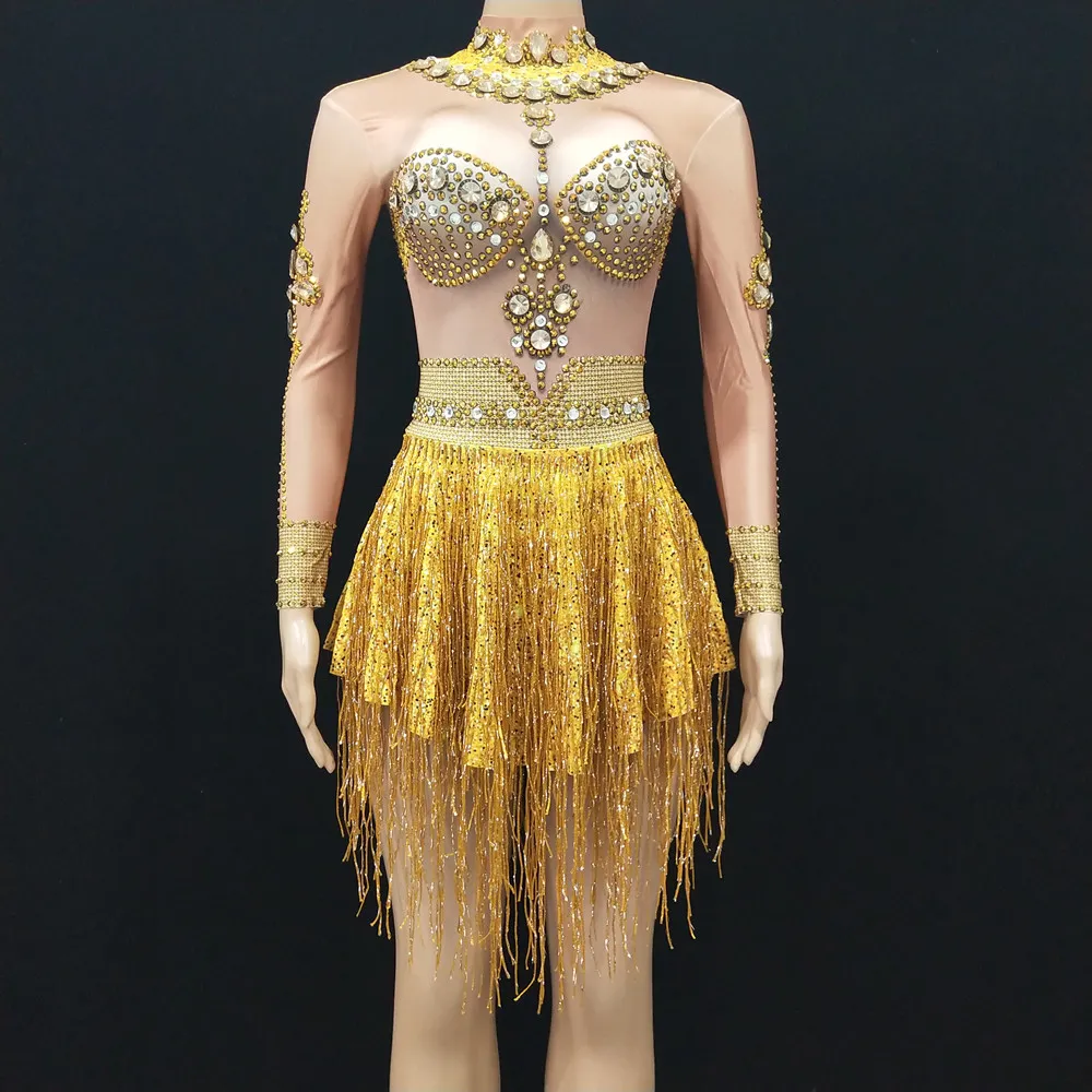 Sexy DJ Nightclub Pole Dance Costume Jazz Performance Stage Wear Gold Rhinestones Tassel Mini Dress Club Bar Party Rave Outfits voor Singer Dancer Festival Clothing