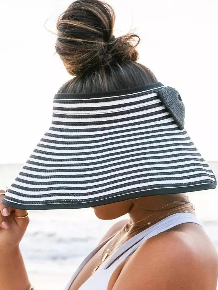 Berretti Summer Outing Holiday Cool Hat Seaside Beach Tide Cappelli Bowknot a righe Scava fuori Visiera parasole Cappello arrotolatoBerets