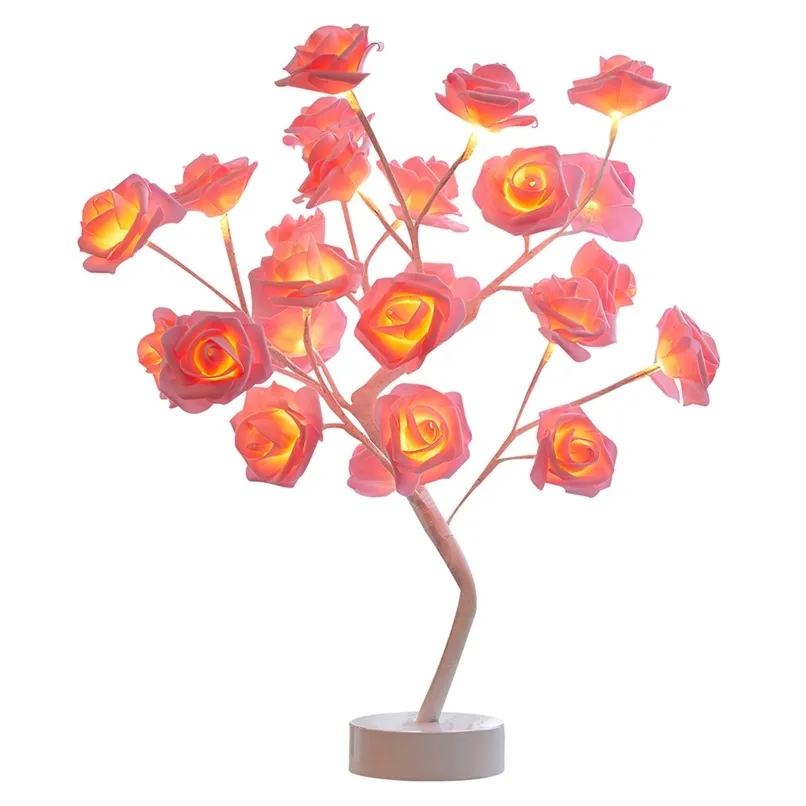 USB batería operada LED lámpara de mesa Rosa flor bonsái árbol noche guirnalda dormitorio decoración luces de Navidad decoración del hogar 220727