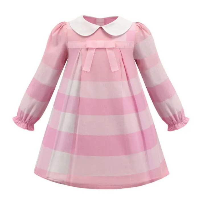 Baby flickor pläd långärmad klänningar vår höst barn rosa prinsessan bowknot klänning flicka kjolar bomull barn kjol 2-8 år