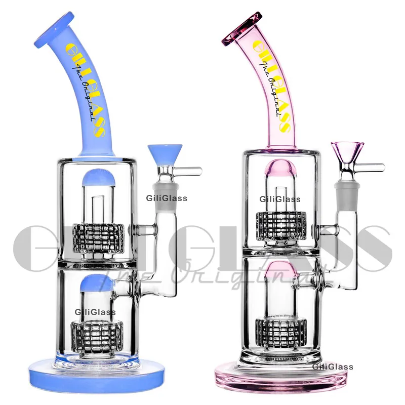 Plataforma de dab de 11 pulgadas Delicada capa doble Neumático Perclator Hookah Glass Water Bong con tubo de reciclado de uñas de cuarzo Plataformas petroleras Pipas para fumar