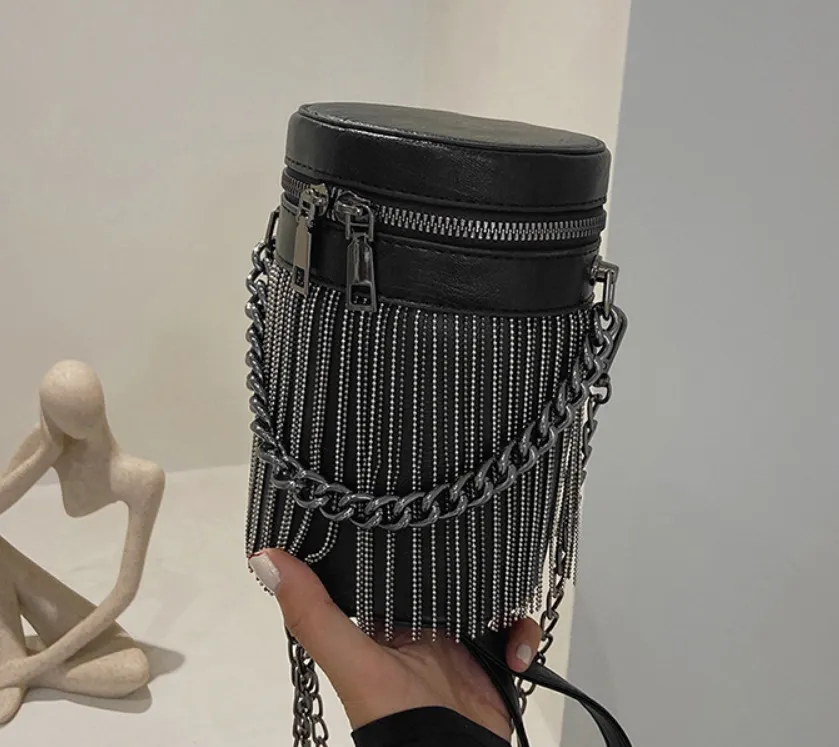 New Two Straps Vintage Fashion Fringe Bucket Bag Zipper Punk Chain Women Soulder Crossbody Bag Bags Tote Women's Handbags Purses