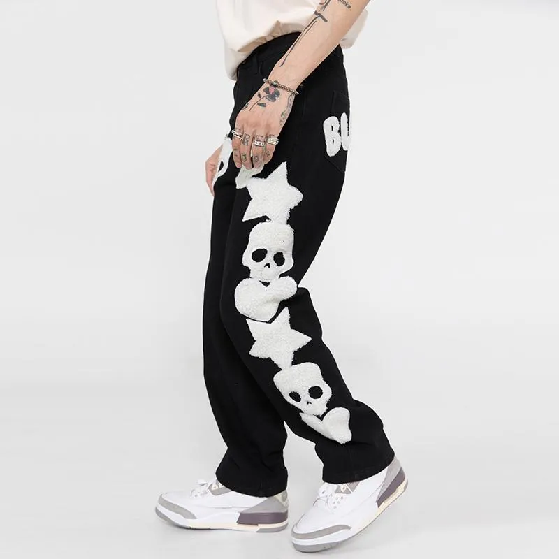 Men's Jeans Fashion Skull Graphic Embroidery Ripped Y2k Mens Pants Harajuku Vibe Style Streetwear Oversize Casual Denim Trousers