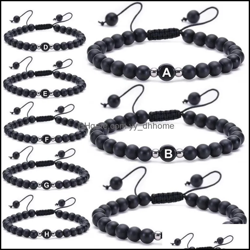 J￳ias de pulseiras de mi￧angas de mi￧angas 26 Nome da mi￧anga de letra unissex Black Stone Yoga Breads Braed Ride Bracelet Hand String amizade Drop Delive