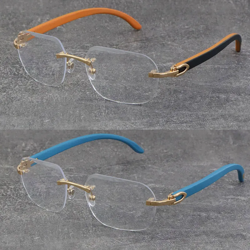 New Design Blue Wooden Rimless Metal Frames Square Optical Fashion Eyeglasses 18K Gold Classic Styles Frame 3524012 Woman Glasses Diamond cut Lens