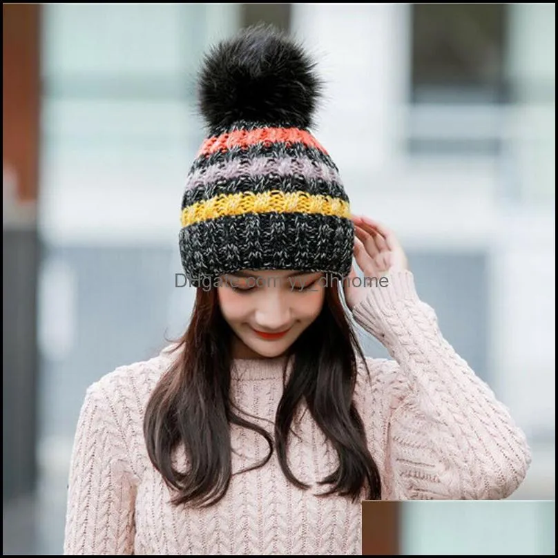 Women Fur Pom Ball Knit Baggy Bobble Hat Beanie Ski Cap Autumn Winter Female Warm Strip Beanies1