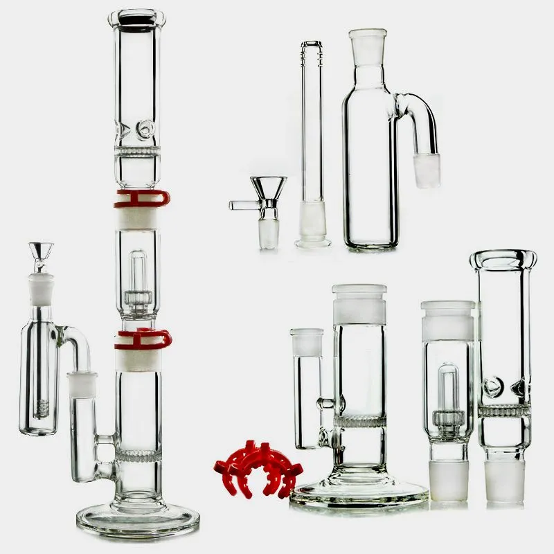 3 Kammern Glasbongs Keck-Wasserpfeifen aus Kunststoff mit Aschefänger Kuppelduschkopf Wasserpfeifen 19" hoch 4 mm Bienenkammscheibe Perc Öl-Dab-Rigs 18-mm-Innengewinde mit Schüssel