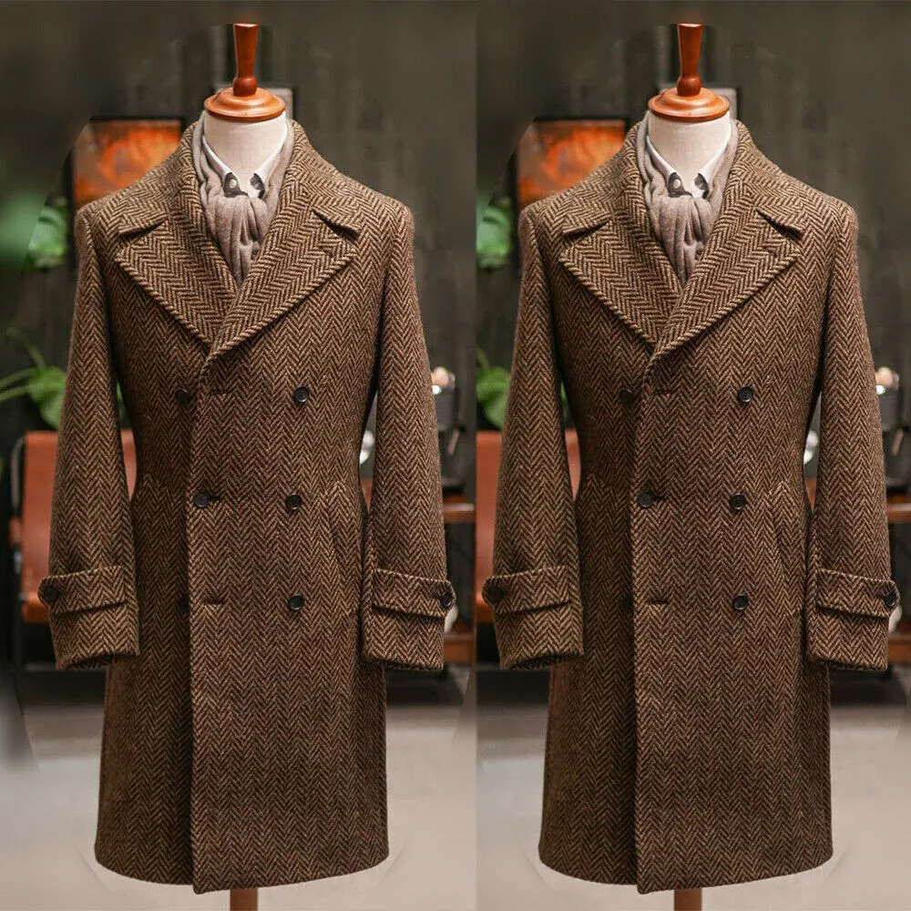 Brown Men Thick Overcoat Blazer Notch Lapel Double Breasted Tuxedos Coats Winter Warm Wear