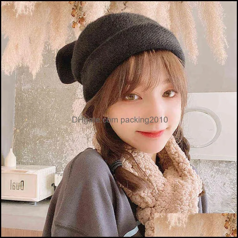 rabbit ears solid color warm knitted hat thicken cycling fur beanies winter soft elastic woman knit bonnet wool acrylic autumn