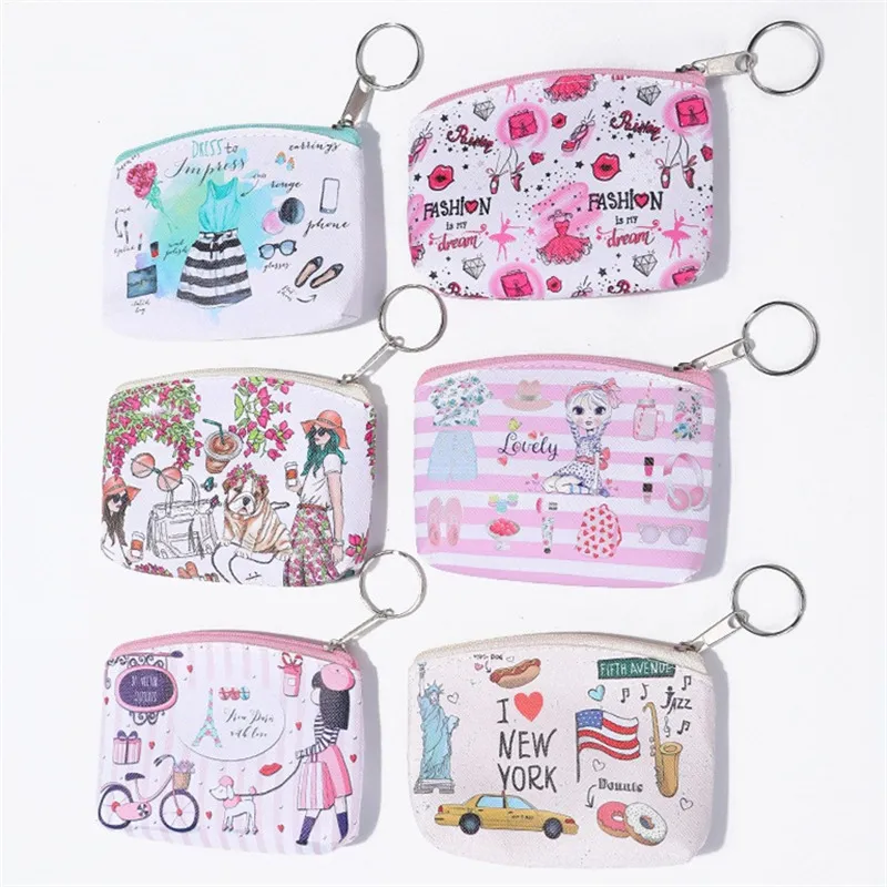 Cartoon Printed Coin Purse Cute PU Mini Wallet Fashion Key Bags Women Girls Clutch Purses 6 Colors Gift With Zipper width 8cm length 11cm