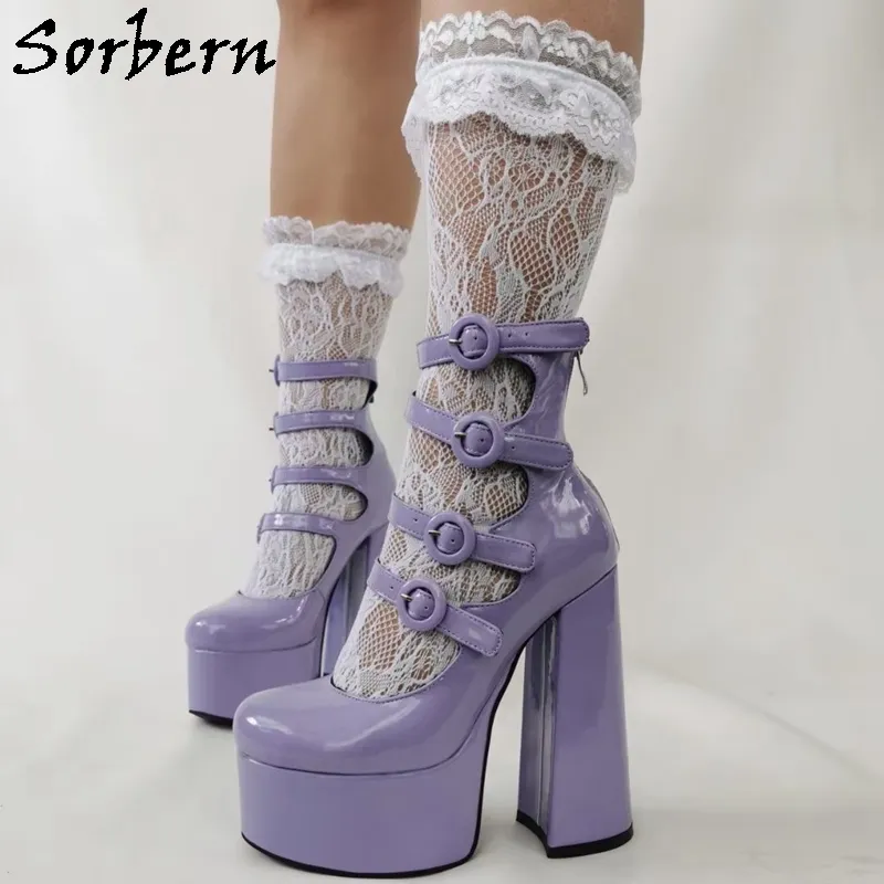 Sorbern Lavender Witch Shoes Women Thick Heel Pumps Platform Gladiator Style Block Heels Closed Toe Customized Size EU33-48 Cosplay Heeled