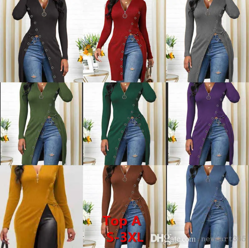 Plus Size S-3XL Designer Clothes Women Tops Rib Knited T-shirt Slim Sexy s V-Neck High Split Zipper Solid Color Sweater