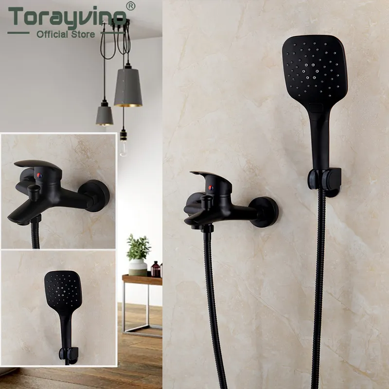 Torayvino Bathroom Bathtub Shower Faucet Set Black Wall Mount Rainfall Shower Head 2 Functions 1 Handle Shower Faucets Mixer Tap 201105