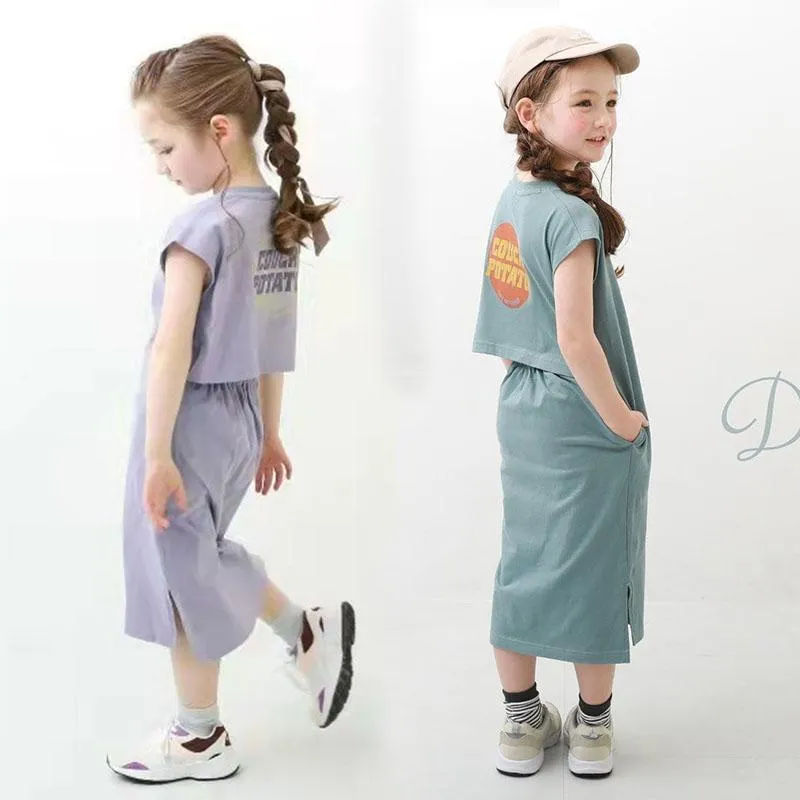 女の子のドレス夏の女の子2022グレーカジュアルプリントスプリットロングTシャツドレスキッズ服ティーンエイジ12 13 14歳の子供衣装