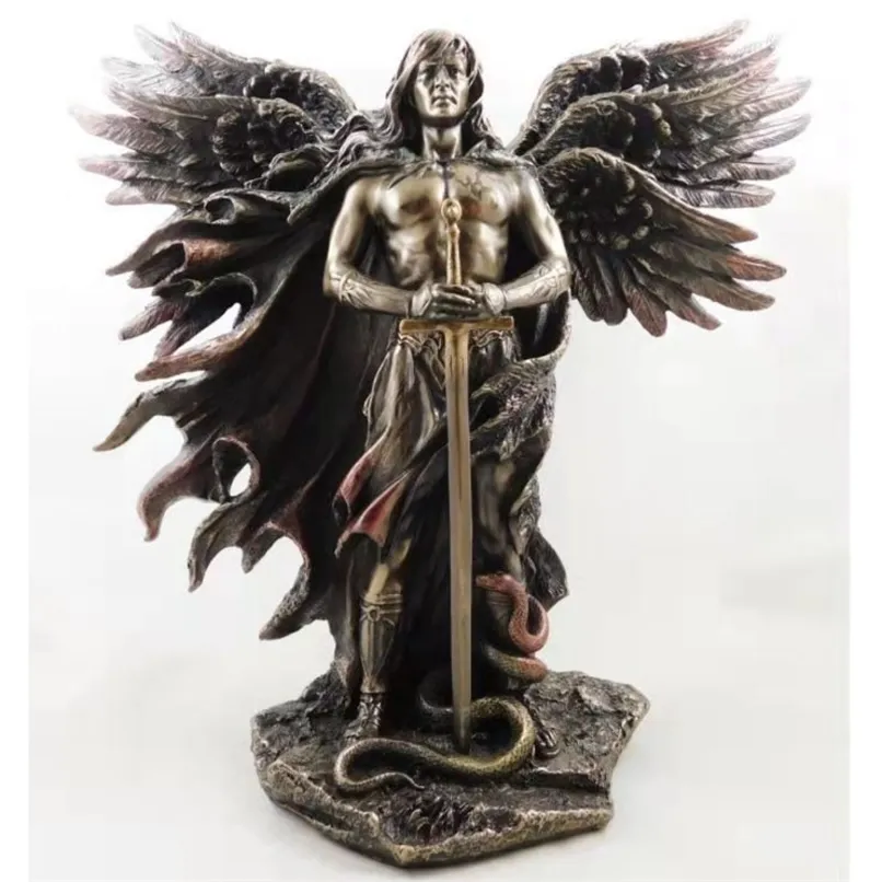 Bronzefarbener Seraphim, sechsflügeliger Wächter mit Schwert und Schlange, großer Engel, Statue, Kunstharz, Statuen, Heimdekoration, Dekoration 220617