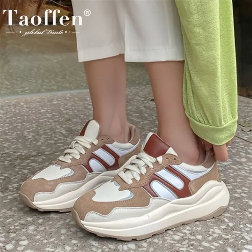 Taoffen Women Shoes Genuine Leather Sneakers Mixed Color Fashion Outdoor Ins Causal Shoes Female Ladies Footwear Size 3440 220812