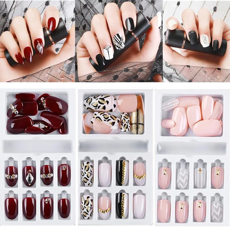 24Pcs False Nail With Designs Artificial Full Tips Set Detachable Fake Nails Decorated Press On Art Extension Prud22