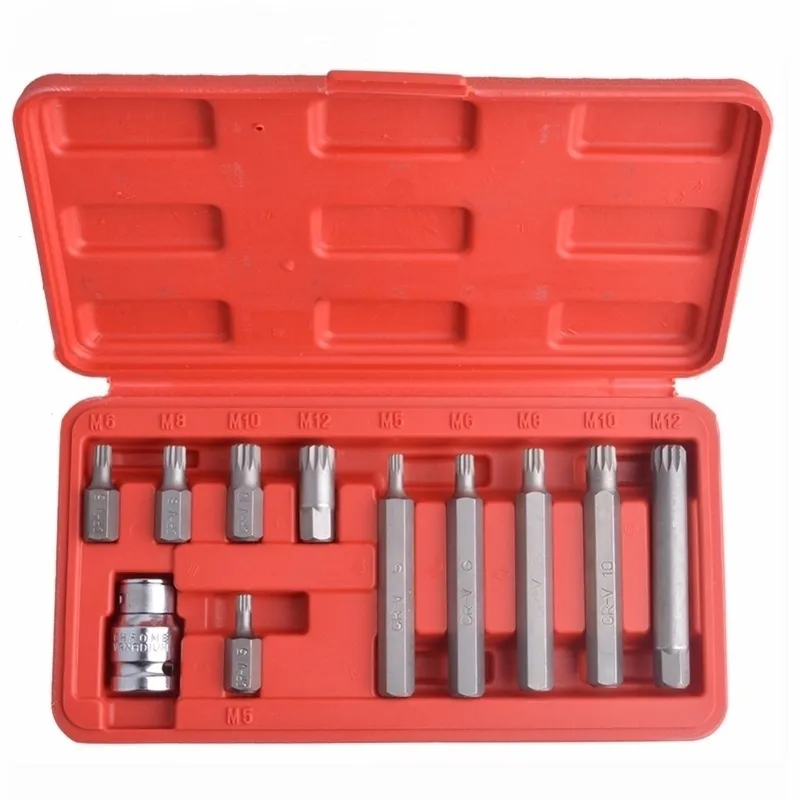 11-teiliges 12-Punkt-Spline-Schraubendreher-Bit-Set aus Chrom-Vanadium-Stahl, einschließlich 10-teiliger Bits PC 12-Zoll-Antriebssockel-Adapter Y200321