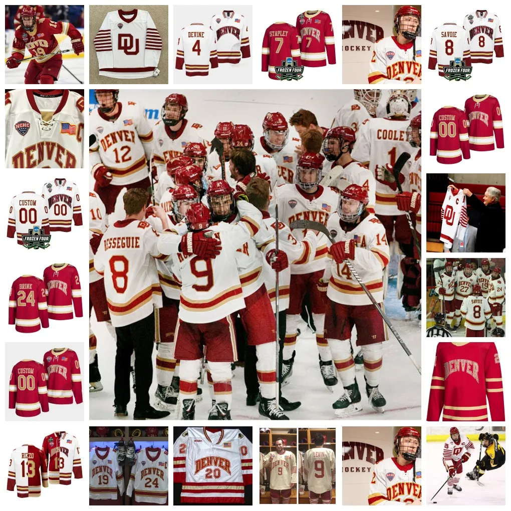 Championnat NCAA Frozen Four personnalisé 2022 Denver Pioneers DU Maillot de hockey sur glace 8 Joe Colborne 16 Anthony Maiani 42 Tyler Bozak 24 Peter Mannino 52 Gabe Gauthier Jersey