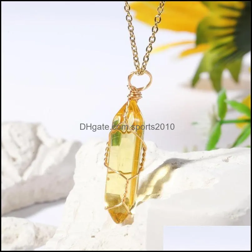 fashion colorful glass hexagonal prism pendant gold wire wrap necklace for women jewelry wholesale