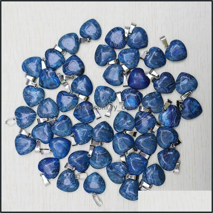 Pendentif Colliers Pendentifs Bijoux Charmes Bleu Agat Pierre Naturelle Amour Coeur 16Mm Boucle D'oreille Collier En Gros 50 Pcs Dhmev
