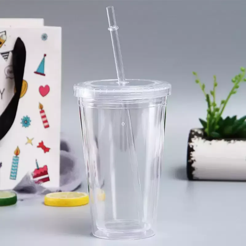 16 أوقية من البلاستيك Tumblers مزدوج الجدار أكريليك واضحة شرب كوب عصير الشرب مع الغطاء وقهوة قش DIY أكواب شفافة