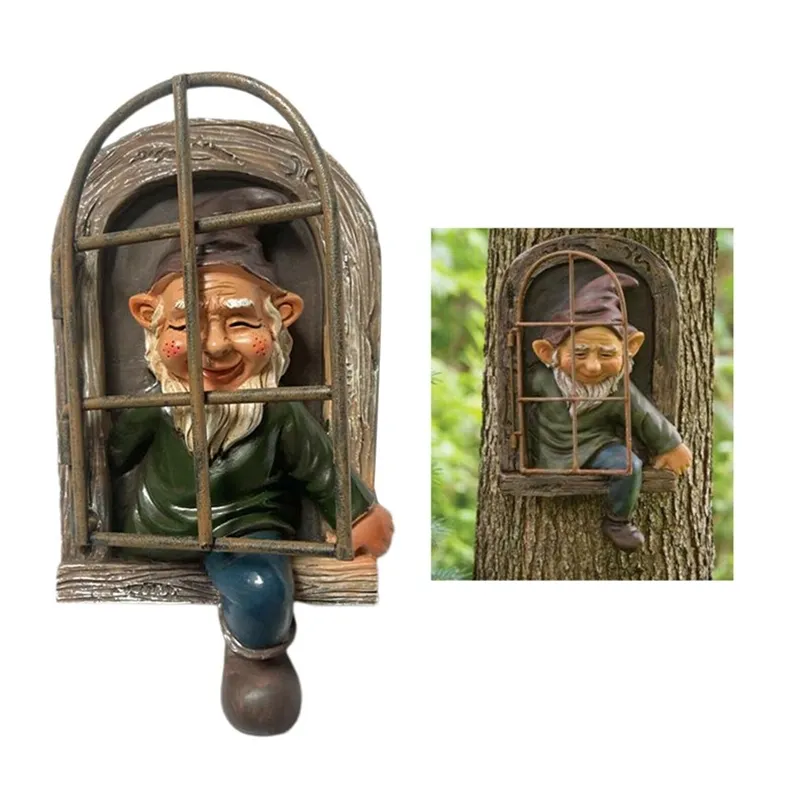 Creative Gnome Statue Elf Out The Door Tree Sculpture Her Figurine for Home Yard Porch Garden Decoration 220707