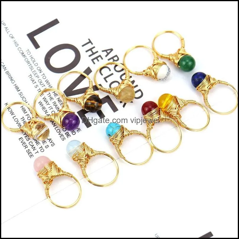 wire wrap natural stone ball rings lapis lazuli amethysts tiger eye opal pink crystal ring for women jewelry