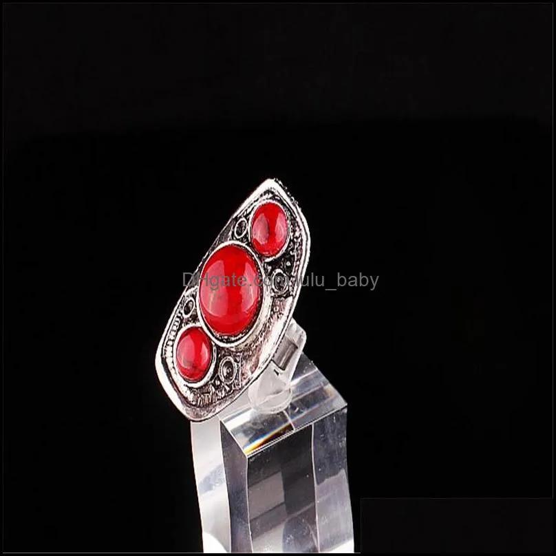 retro style red natural stone rings silver plated ring 30pcs wholesale luxury bohemian jewelry adjustable for female