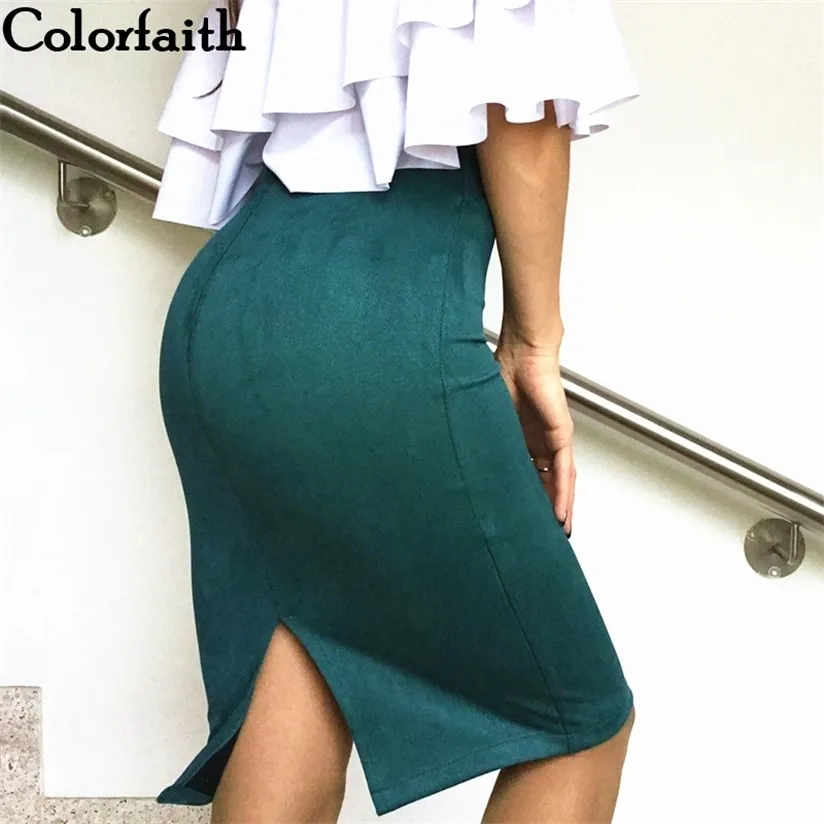 Colorfaith Multi Colors Korean Fashion Suede Work Wear Paket Höftpenna Bodycon Vår Sommar Kvinnor Midi Skirts SP012 220322