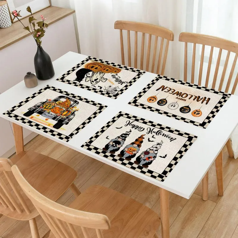 Mats Pads 42x32cm Halloween Plaid Linen Mesas de jantar Placemat resistente ao calor para mesa de bebida Copo para casa Acessórios de cozinha Matsmat