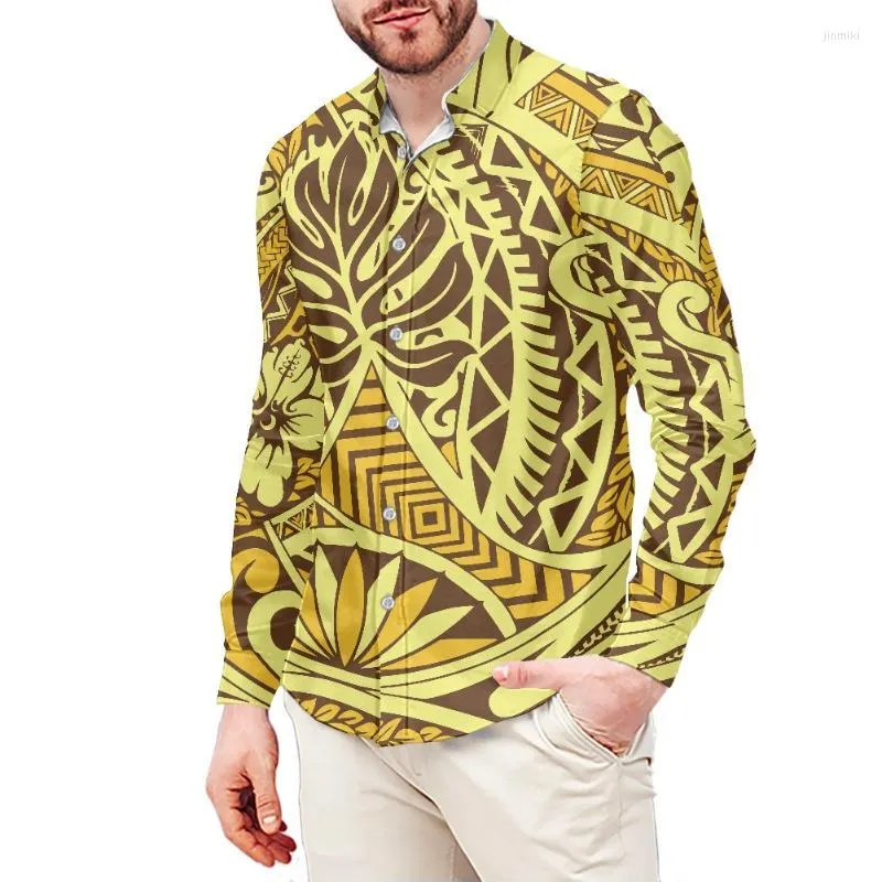 Heren DRIL -shirts 6xl Polynesische tribale print geel voor mannen vallen lange mouw shirt aangepaste polyester button down Menmen's