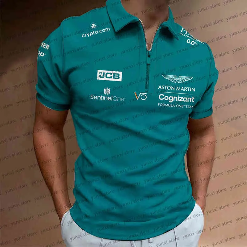 Men's Fashion Street Sweatshirt Short Sleeve Polo Shirt F1 Racing Aston Martin Sebastian Vettel 5 Player Zip