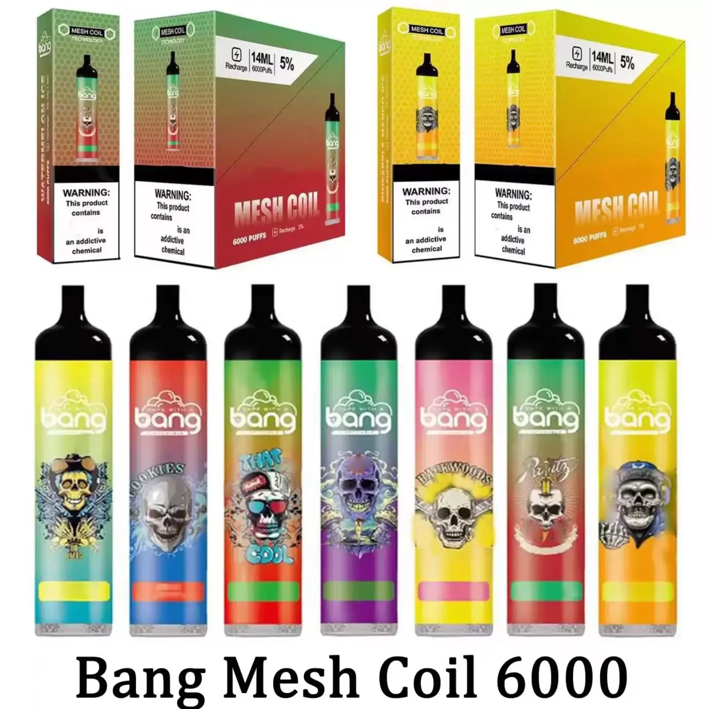 Original Bang Mesh Coil 6000 Puffs Bars Disposable E cigarettes Vape Pen 14ml Pre-filled Pods Cartridge 1100mAh Rechargeable Battery Vs Lost mary